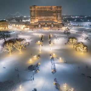 Michigan Central Station in the snow at night